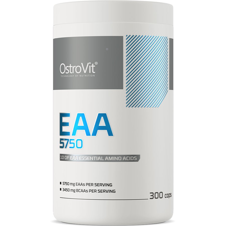 OstroVit EAA 5750 300 caps essential amino acids supplement, containing 10 EAAs and 3450 mg BCAAs per serving, in a white bottle with blue and grey accents.