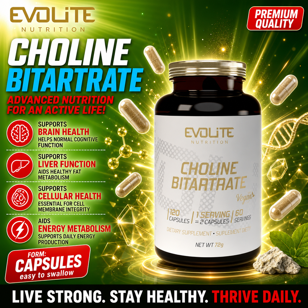 Evolite Choline Bitartrate dietary supplement, 120 vegan capsules, supports brain, liver, and cellular health, aids energy metabolism, shown in a dark bottle with gold and white label.