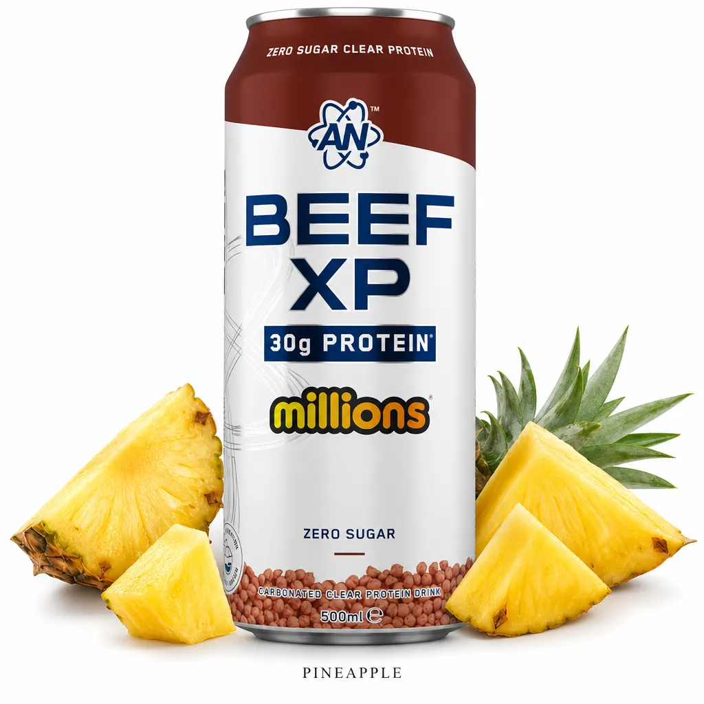 Applied Nutrition Beef-XP Can 500ml x4 pineapple is a zero sugar, dairy-free, carbonated protein drink with 30g hydrolyzed collagen protein and pineapple flavor.