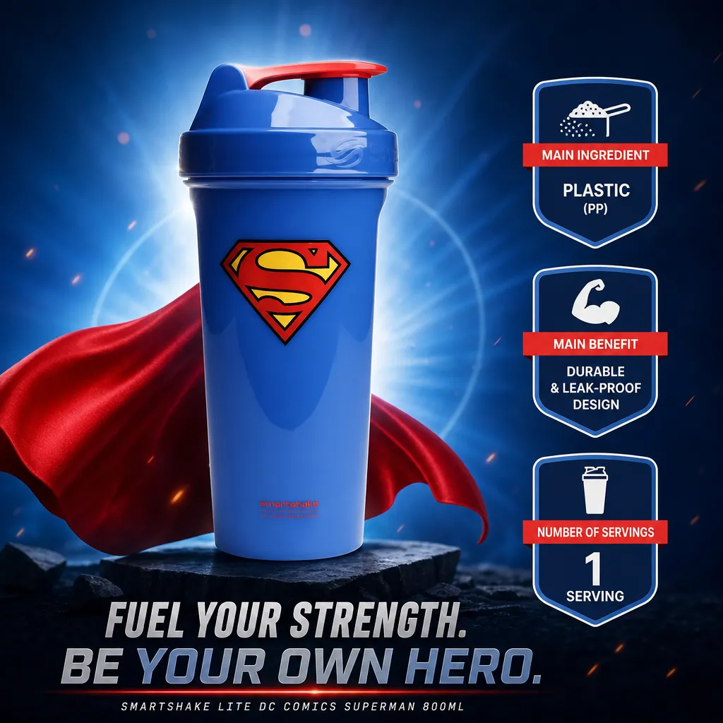 SmartShake Lite DC Comics Superman 800ml shaker bottle featuring the iconic Superman logo, blue body, red flip cap, and durable, leak-proof plastic design.