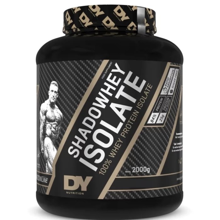 DY Shadowhey Isolate 2000g 100% whey protein isolate supplement in a black container with gold accents, featuring a muscular figure and high protein content.
