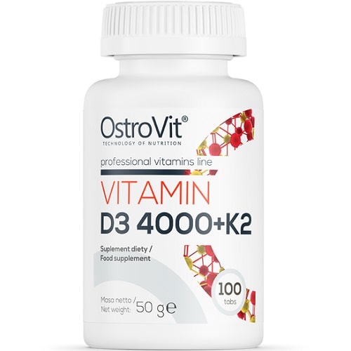 OstroVit Vitamin D3 4000+K2 100 tabs dietary supplement with 4000 IU vitamin D3 and vitamin K2, white bottle with scientific graphic, 50g net weight.