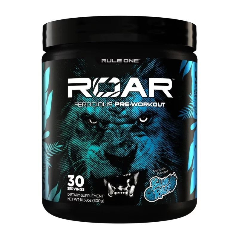 Rule One Roar Ferocious Pre-Workout Blue Razz is a dietary supplement with 30 servings, featuring a bold blue and black design with a lion graphic.