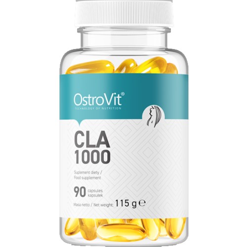 OstroVit CLA 1000 food supplement, 90 capsules, containing conjugated linoleic acid, in a clear bottle with yellow softgel capsules visible.