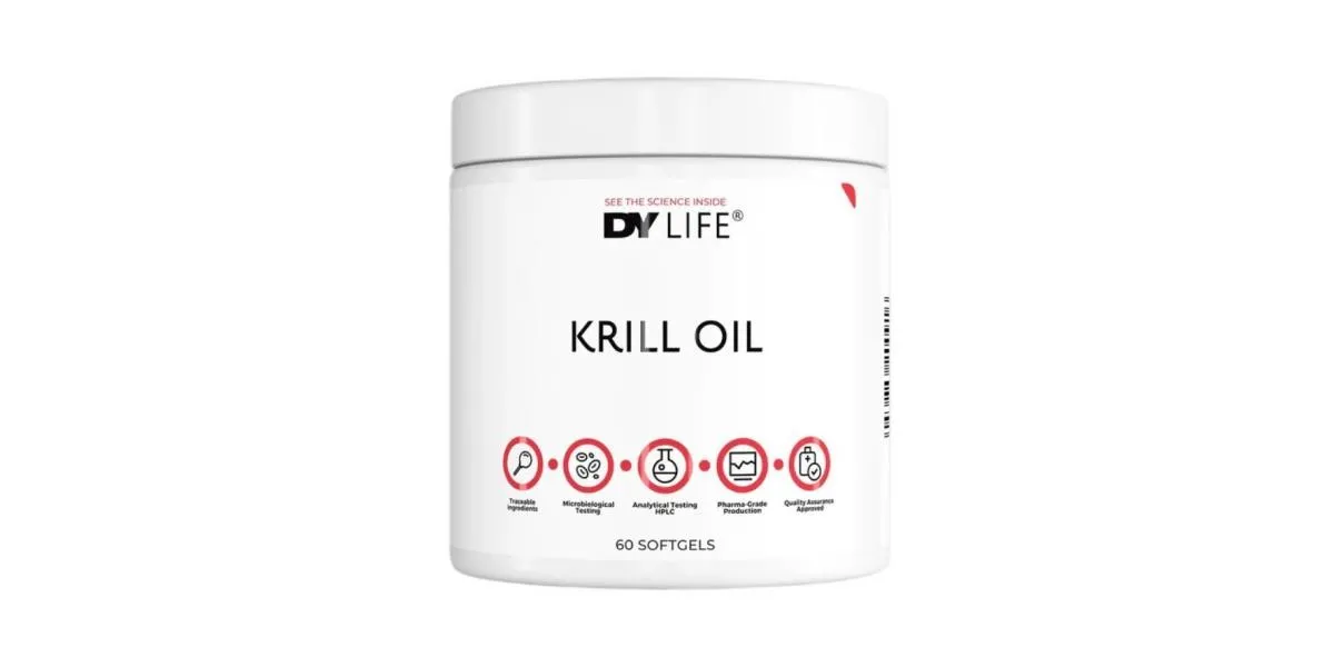 DY Nutrition Dorian Yates Krill Oil DY Life, Antarctic krill oil supplement in softgel form, 60 softgels in a white container
