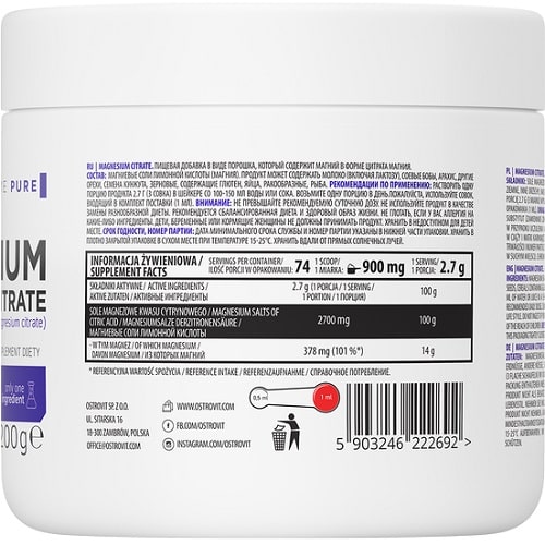 OstroVit Magnesium Citrate 200g dietary supplement, magnesium salts of citric acid powder, white container with supplement facts label in multiple languages.