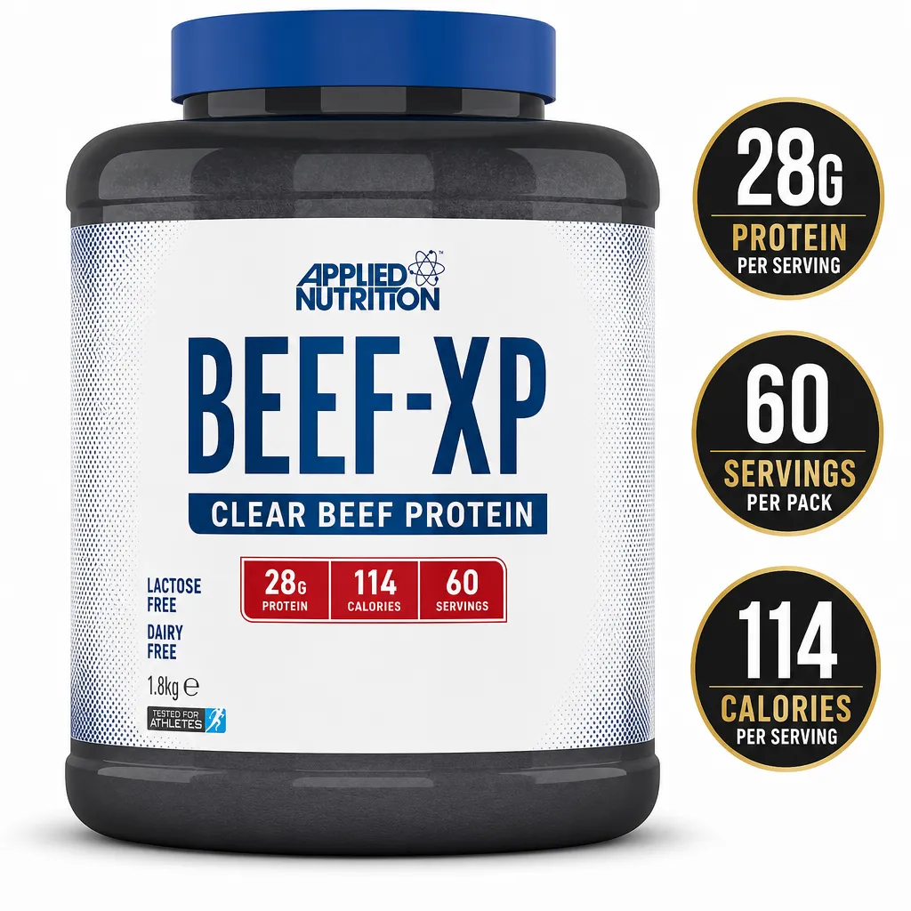 Applied Nutrition Beef XP 1800g clear beef protein supplement in a large black tub with blue lid, lactose-free and dairy-free