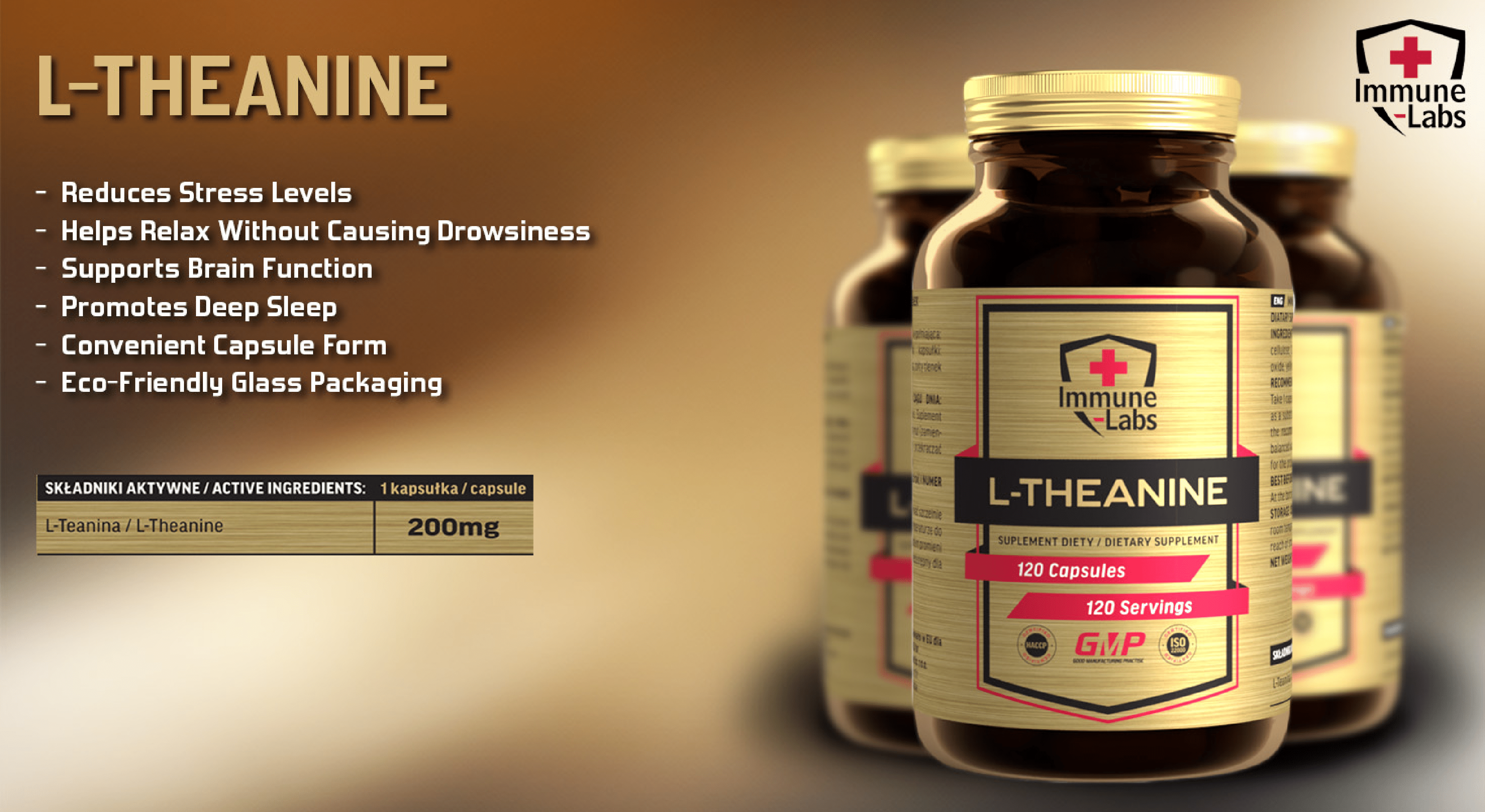 Immune Labs L-Theanine dietary supplement, 120 capsules, 200mg per serving, in eco-friendly glass packaging, shown in a brown bottle with a gold label and red accents.
