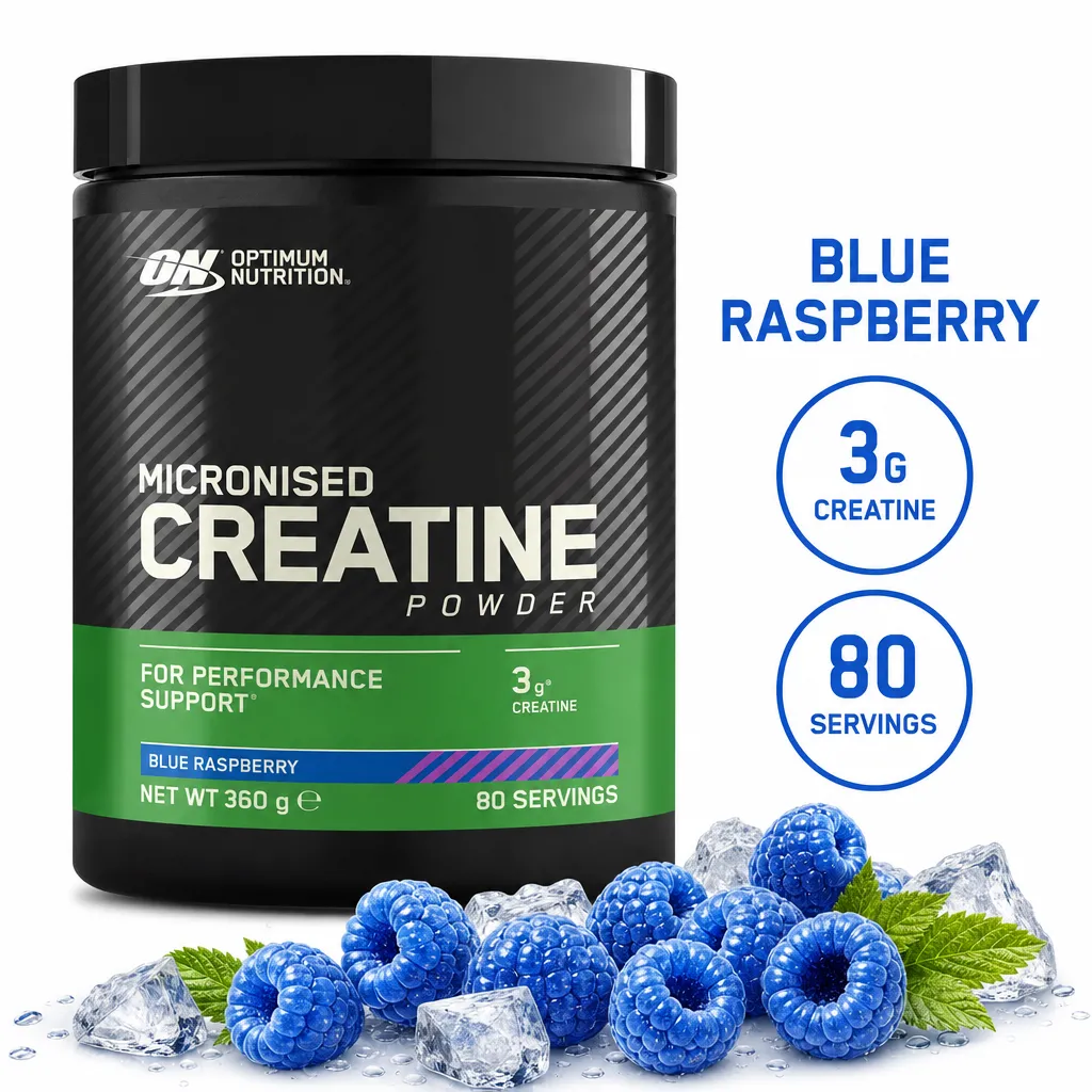 Optimum Nutrition Micronized Creatine Powder, blue raspberry flavour, 360g black tub with 3g creatine per serving and 80 servings.