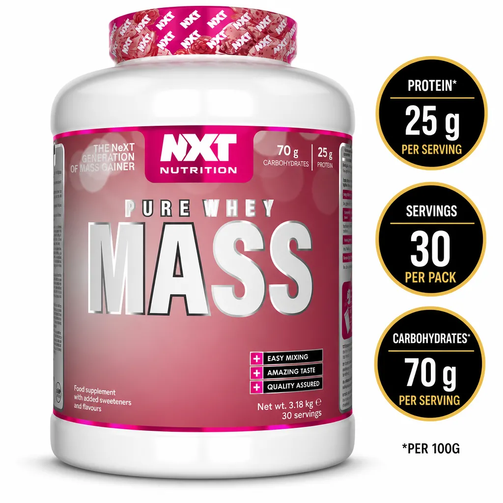 NXT Nutrition Pure Whey Mass 3200g mass gainer supplement in a pink and white tub, with 25g protein and 70g carbohydrates per serving.