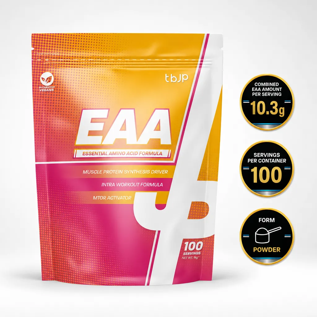 Trained by JP Nutrition EAA 1000g essential amino acid powder supplement in a pink, orange and white pouch