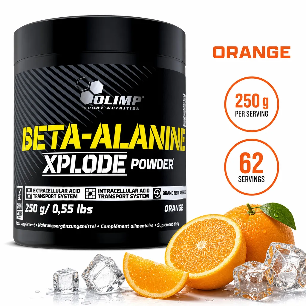 Olimp Beta Alanine Xplode, 250g orange-flavoured beta-alanine supplement powder in a black tub.