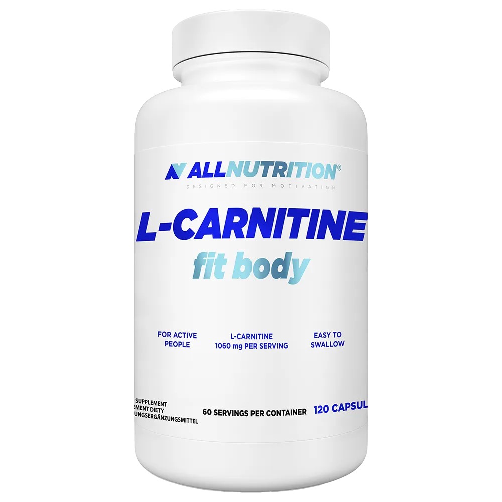 Allnutrition L-Carnitine Fit Body 120 capsules dietary supplement, 1060 mg L-carnitine per serving, for active people, easy to swallow, white bottle with blue text.