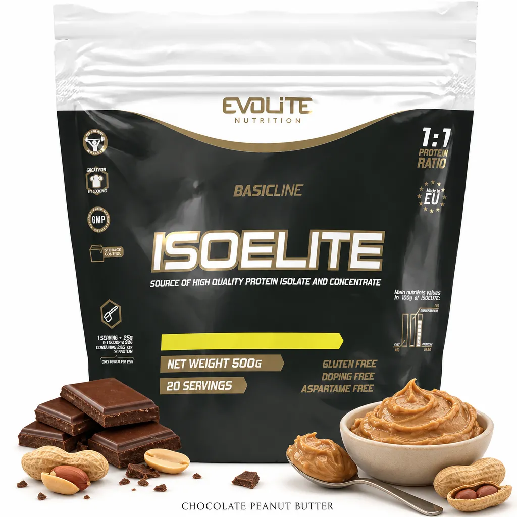 Evolite Nutrition IsoElite 500g whey protein powder, chocolate peanut butter flavour, high protein blend of isolate and concentrate, gluten and aspartame free.