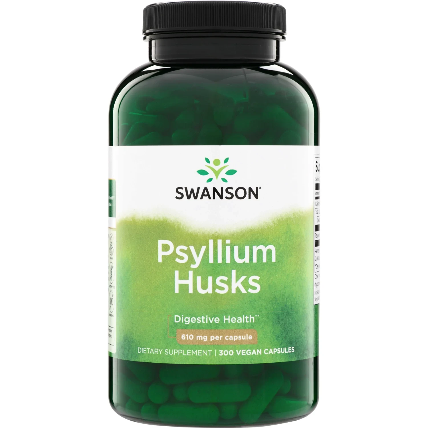 Swanson Psyllium Husks dietary supplement, 610 mg per capsule, in a 300-count bottle of vegan capsules.