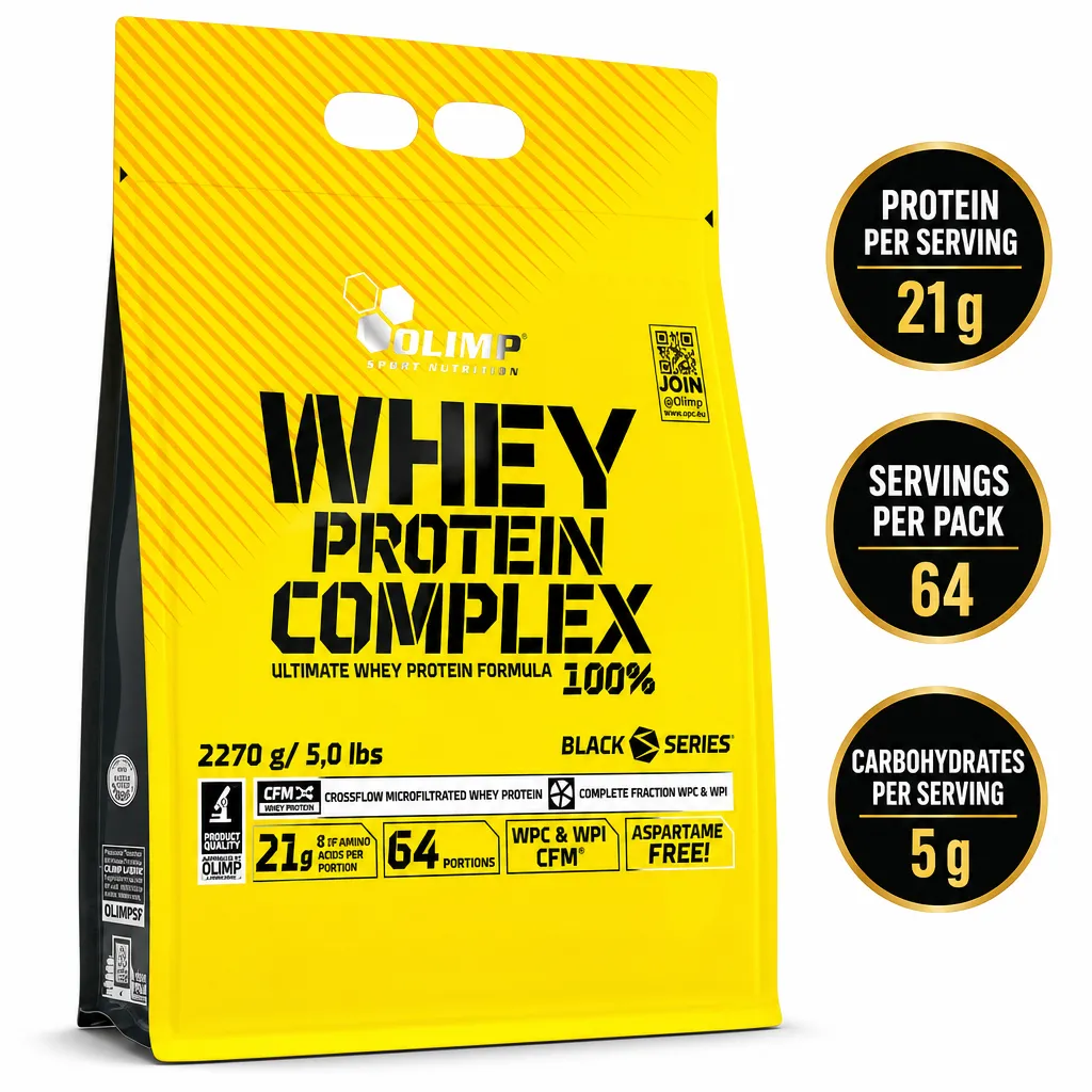 Olimp Whey Protein Complex 100% 700g whey protein supplement in a bright yellow Black Series pouch