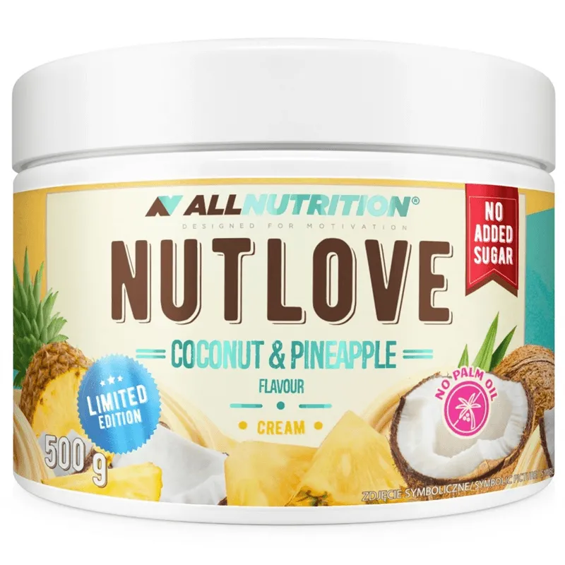 Allnutrition NUTLOVE Coconut & Pineapple cream, 500 g sweet spread in a white jar with turquoise and yellow tropical fruit label.