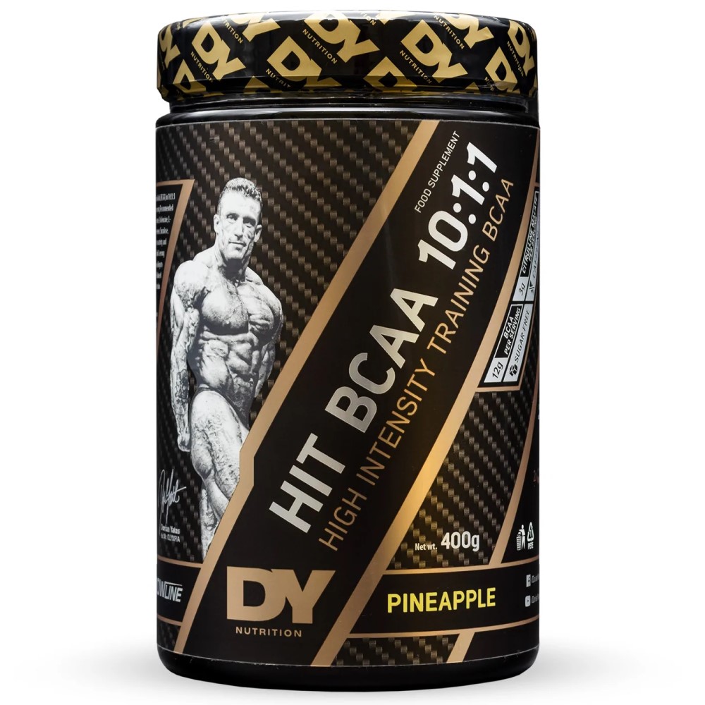 DY Nutrition HIT BCAA 10:1:1 pineapple flavour is a high intensity training BCAA supplement in a 400g black and gold container, featuring a bodybuilder image on the label.