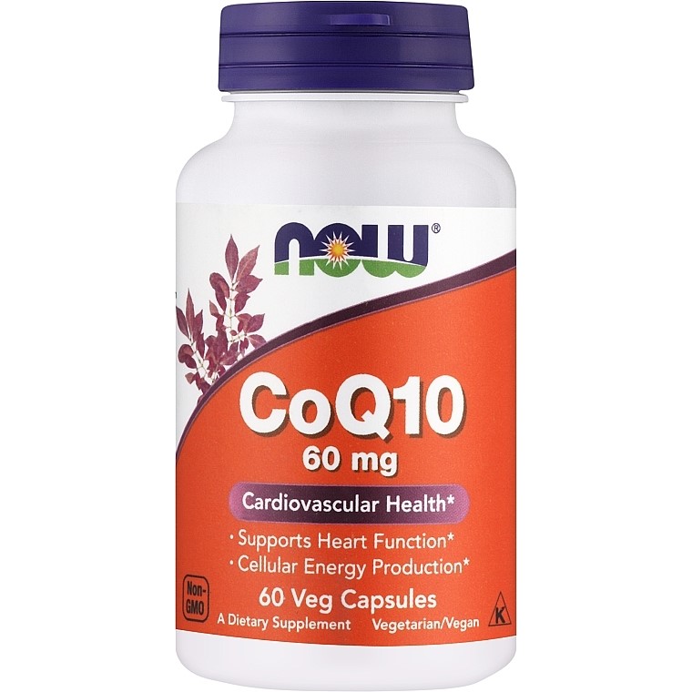 NOW Foods CoQ10 60mg 60 Vege Caps bottle with orange label, white cap, and supplement details visible
