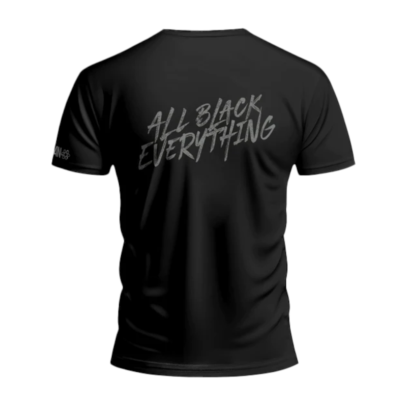 Applied Nutrition ABE T Shirt Black short-sleeve athletic shirt with 'ALL BLACK EVERYTHING' printed on the back in bold letters, predominantly black color.