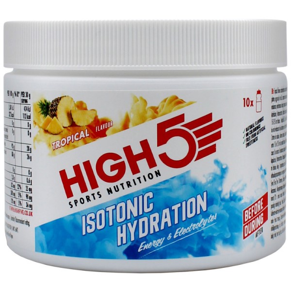 High5 Isotonic Hydration tropical flavour sports drink powder with electrolytes and energy, 300g tub, suitable for use before and during exercise, white and blue packaging.