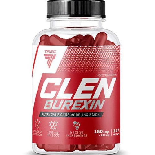 Trec Nutrition Clenburexin 180 Caps advanced figure modeling stack dietary supplement with red capsules in a clear bottle and red label.