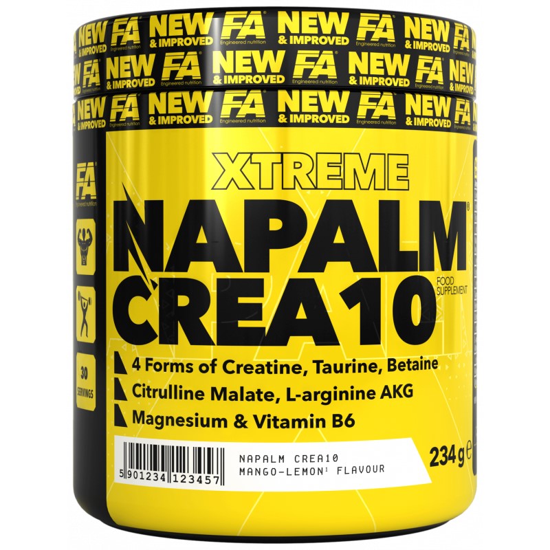 FA Nutrition Napalm Crea10 234g container, likely a plastic tub with branded label for creatine powder supplement