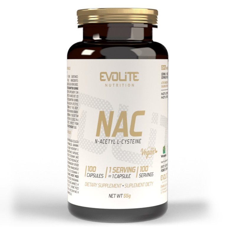 Evolite NAC N-Acetyl L-Cysteine vegan dietary supplement, 100 capsules, 55g net weight, suitable for vegans, in a brown bottle with gold and white label.