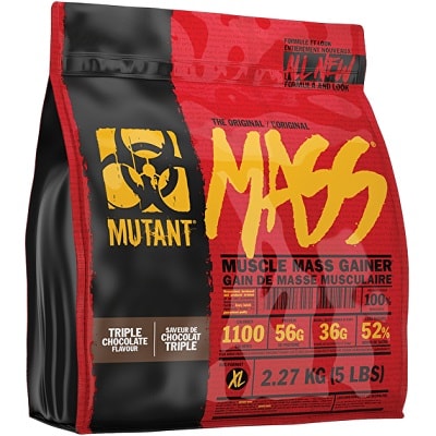 Mutant Mass Muscle Mass Gainer 2.27kg in triple chocolate flavour, a high-calorie protein supplement for muscle gain, in a red and black bag.