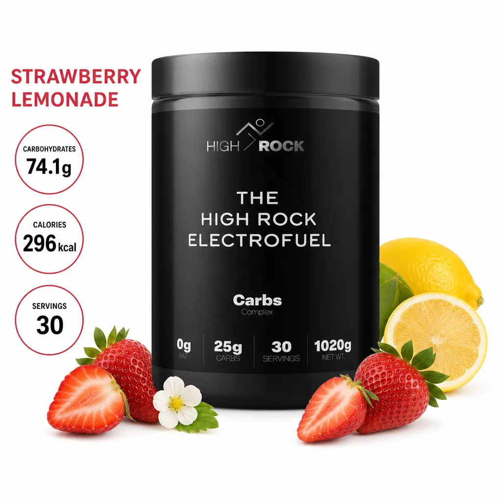 High Rock Electrofuel 30 Servings Strawberry Lemonade is an intra-workout supplement with 25g carbs per serving, 30 servings per container, and a strawberry lemonade flavor.