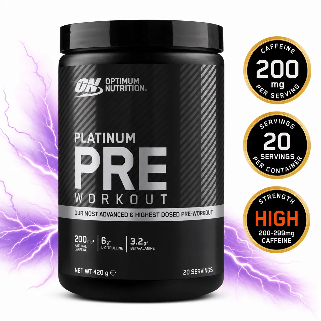 Optimum Nutrition Platinum Pre 420g pre-workout powder in a black tub, with 20 servings and 200mg caffeine per serving