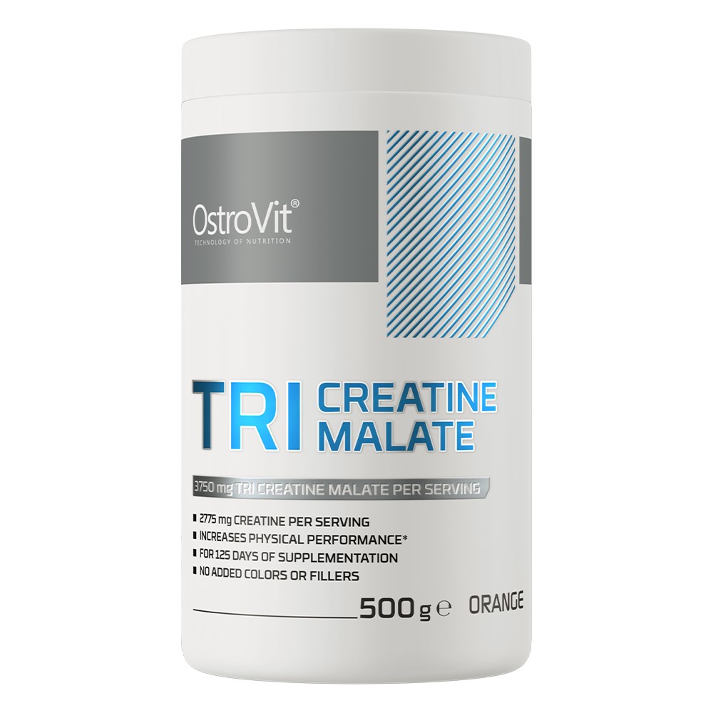 OstroVit Tri Creatine Malate 500g orange flavour creatine supplement, featuring 3750 mg tri creatine malate per serving, in a white container with blue and grey accents.