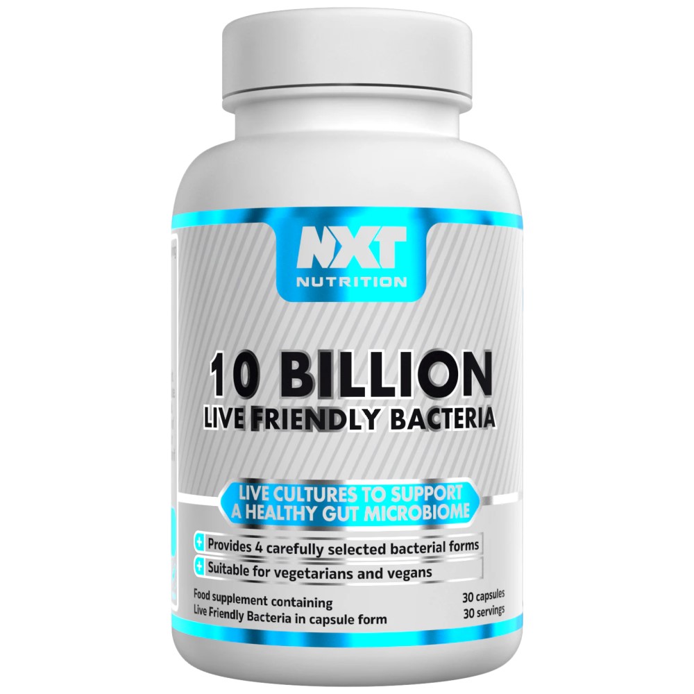 NXT Nutrition 10 Billion Bacteria 30 Caps bottle, white container with blue and green label, 30 vegan capsules