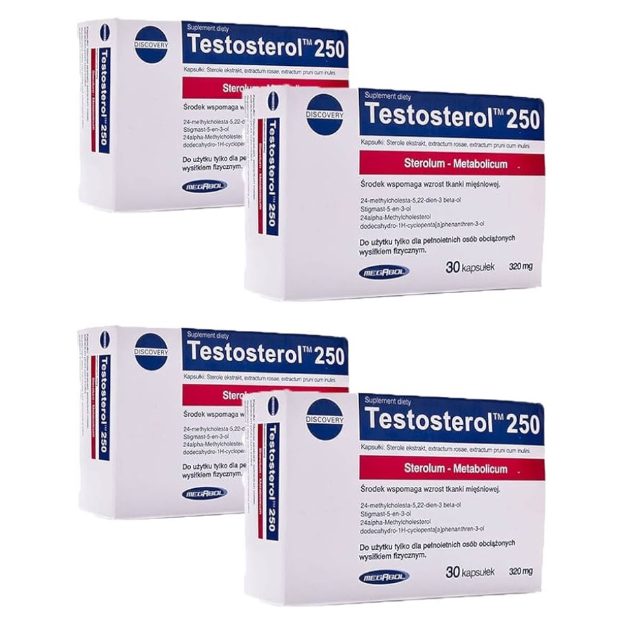 Megabol Testosterol 250 dietary supplement, 120 capsules (4 packs of 30 caps), supports muscle tissue growth, blue and white packaging.