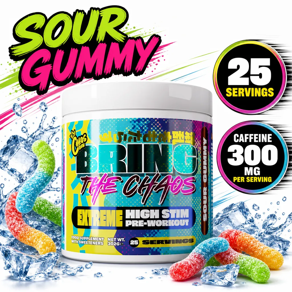 Chaos Crew Bring The Chaos Extreme Pre-workout in Sour Gummy flavour, high-stimulant powder with 25 servings and 300 mg caffeine per serving