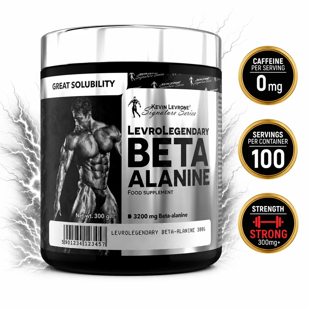 Kevin Levrone Levro Legendary Beta Alanine 300g, beta-alanine food supplement in a black and silver tub