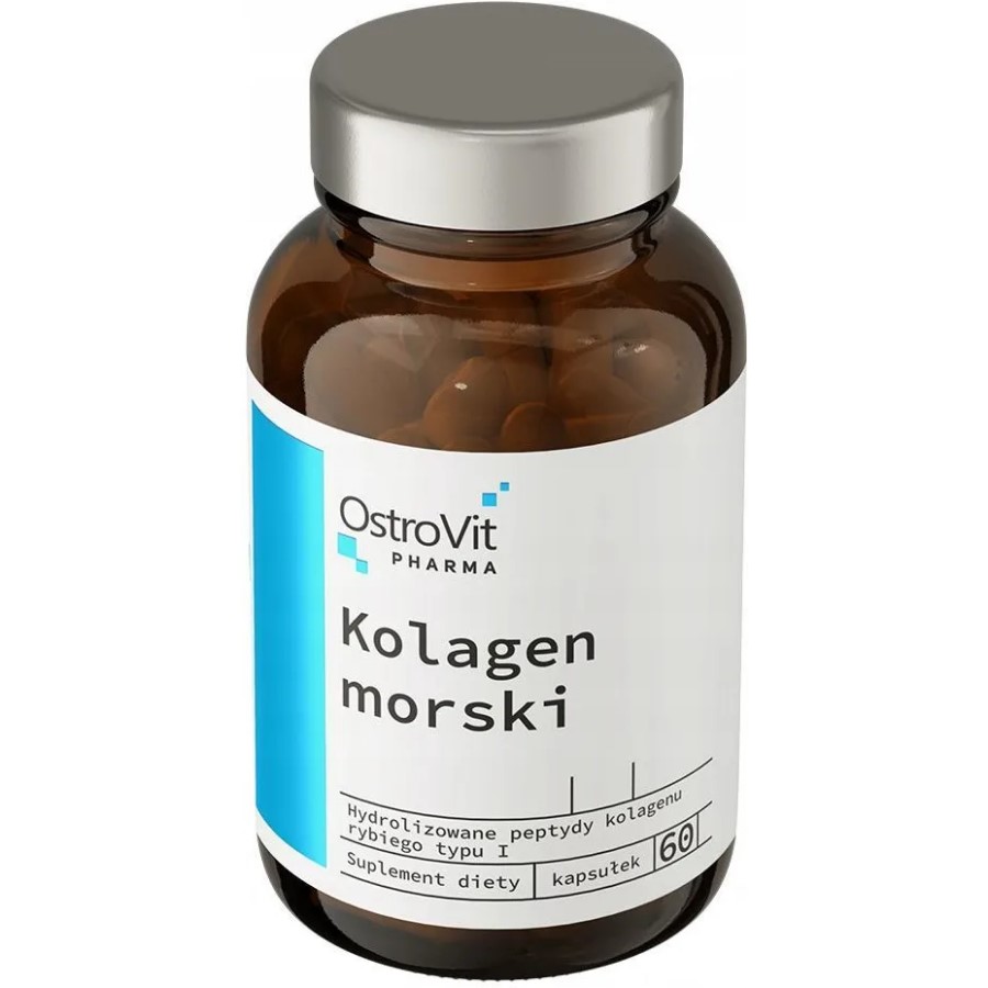 OstroVit Pharma Kolagen Morski marine collagen supplement in a 60-capsule brown glass bottle, hydrolyzed fish type I collagen peptides.