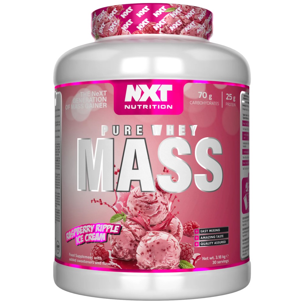 NXT Nutrition Pure Whey Mass 3200g large tub, typically with branded label and nutritional information