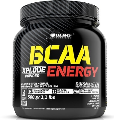 Olimp BCAA Xplode Energy 500g powder, a sports nutrition supplement with BCAA, caffeine, beta-alanine, and vitamin B6 for energy and metabolism support, in a black container.