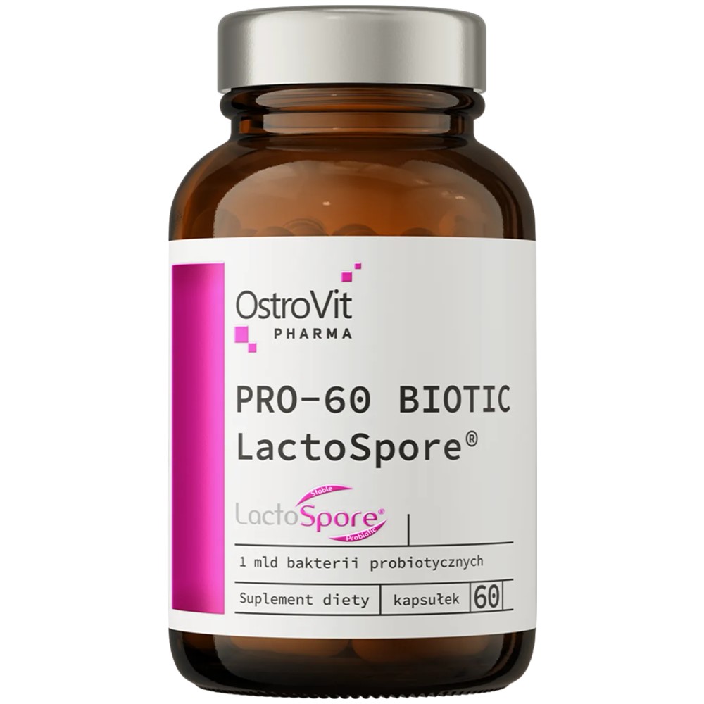OstroVit Pharma PRO-60 BIOTIC LactoSpore probiotic supplement, 60 capsules, brown glass bottle with white and magenta label