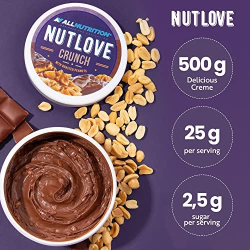 Allnutrition Nutlove Crunch 500g chocolate and peanut creme spread with roasted peanuts, shown in an open container with peanuts and chocolate pieces on a purple background.