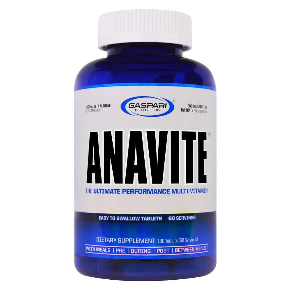 Gaspari Nutrition Anavite 180 Tablets, a performance multi-vitamin dietary supplement with beta alanine and carnitine tartrate, in a blue bottle.