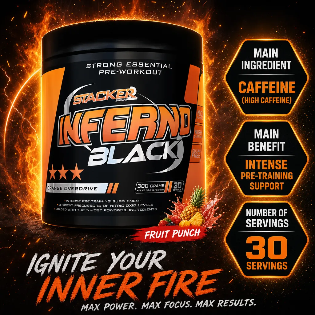 Stacker2 Inferno Black 300g pre-workout supplement, fruit punch flavour, high caffeine content, supports intense training with 30 servings per container.