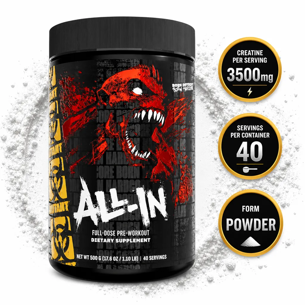 Mutant ALL IN Pre-Workout powder supplement, 40 servings, in a black tub with red and white graphic design