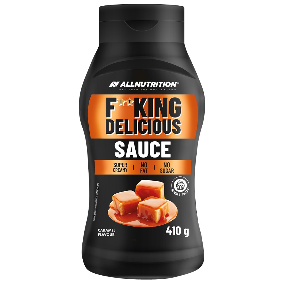Allnutrition Fitking Delicious Sauce caramel flavour, 410g bottle, no fat, no sugar, super creamy, suitable for sweet dishes, black and orange packaging.