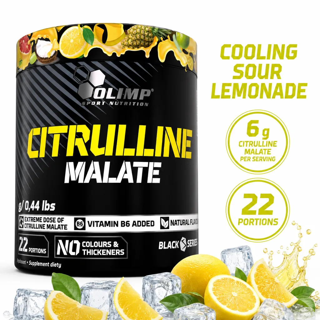 Olimp Nutrition Citrulline Malate 200g powdered supplement in cooling sour lemonade flavour with vitamin B6, providing 22 portions.