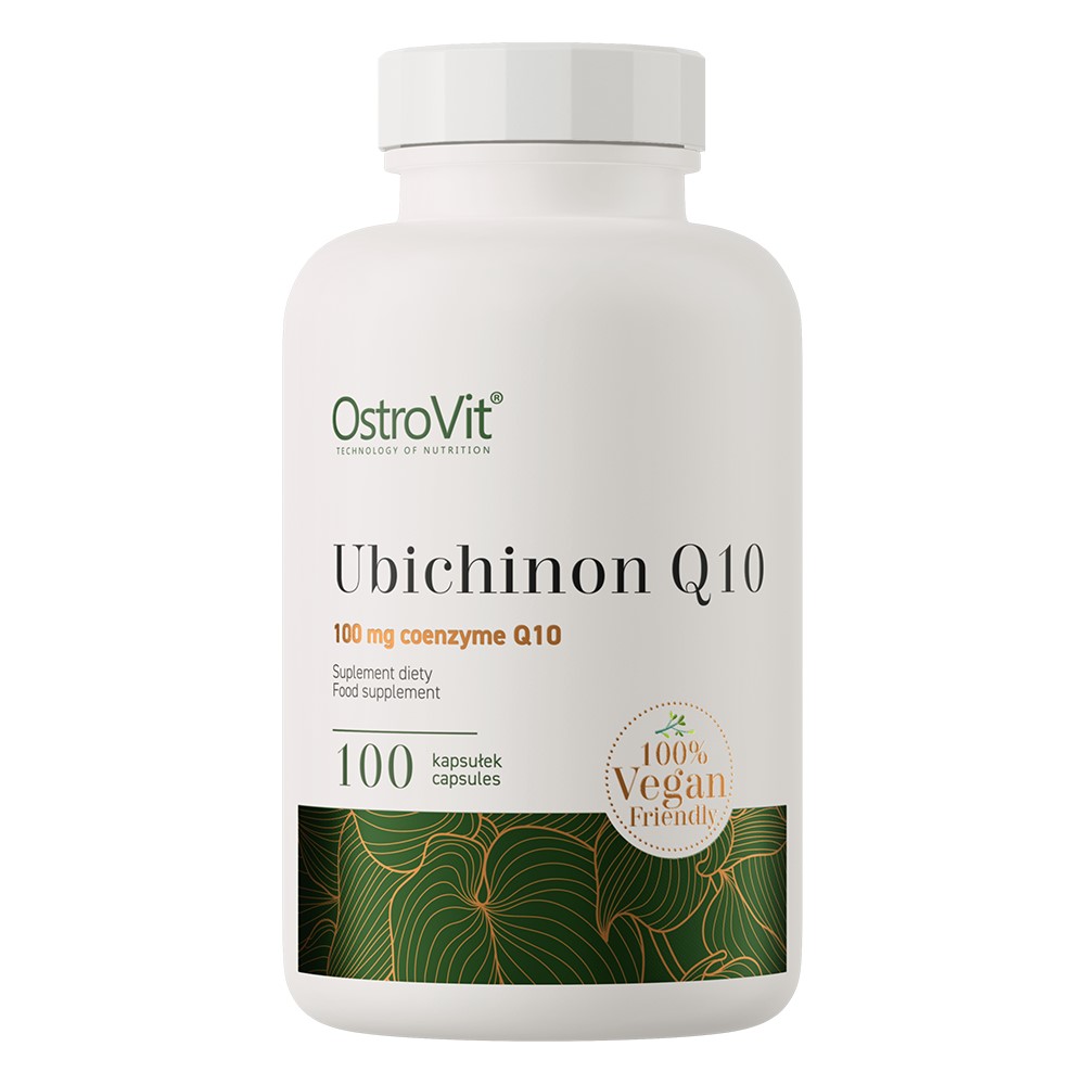 OstroVit Ubichinon Q10 100 mg coenzyme Q10 food supplement, 100 vegan-friendly capsules in a white bottle with green and gold label accents.