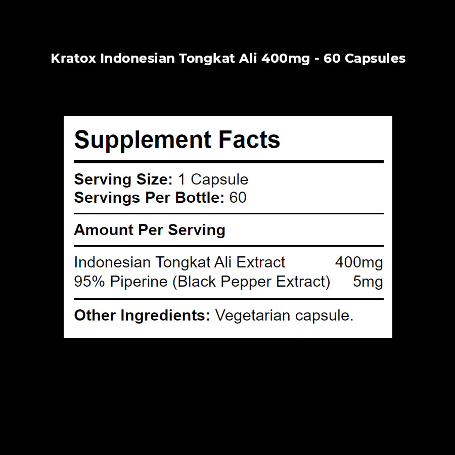 Kratox Indonesian Tongkat Ali 400mg supplement bottle next to several loose capsules for size reference