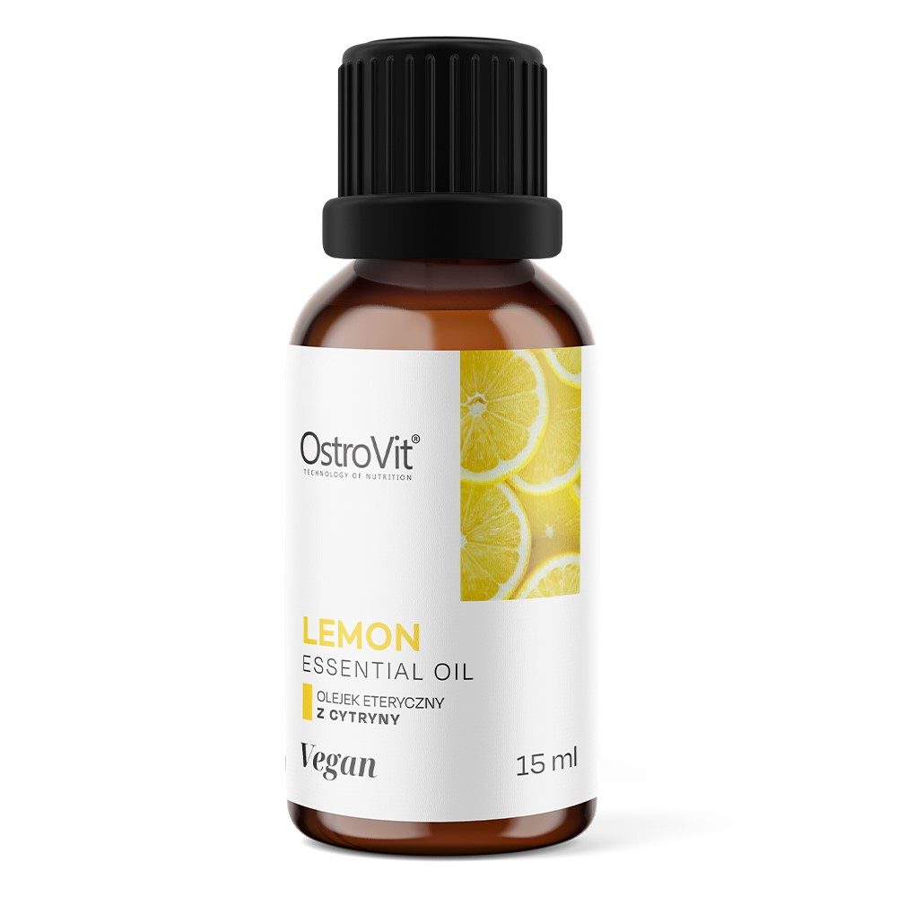 OstroVit Lemon Essential Oil 15ml vegan citrus oil in a brown glass bottle with a black cap, featuring lemon slice imagery on the label.