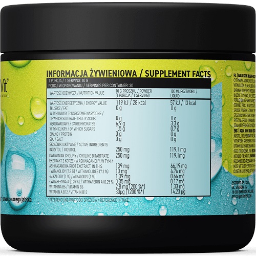 OstroVit Aqua Kick Brain Focus green apple flavour, 300g powder supplement for cognitive support, shown with supplement facts label and vibrant green-blue design.